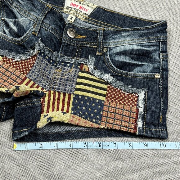 Hot Kiss Womens Blue Denim Cici Short Shorts Flag Patchwork Low Rise Size 3 - Picture 12 of 13